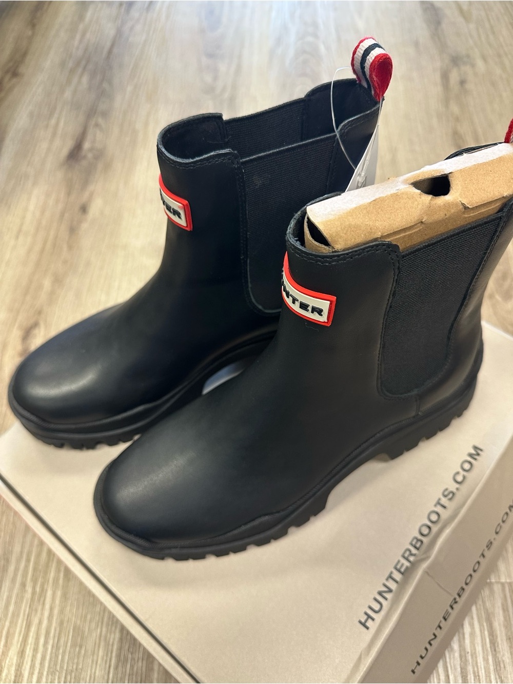Hunter women’s Chelsea Rain Boots - Black with Red Trim